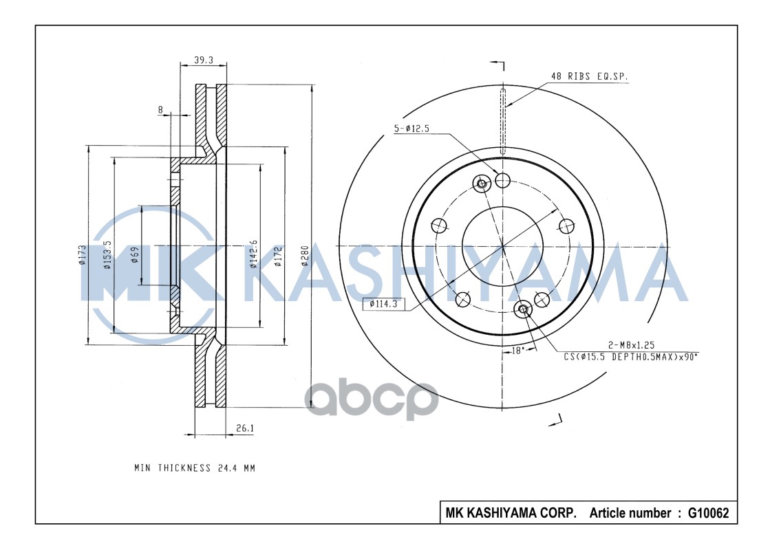 Диск тормозной передний HYUNDAI TUCSON 06-/i30 09-/KIA CEED 06-/SPORTAGE 04- G10062 MK KASHIYAMA арт. G10062