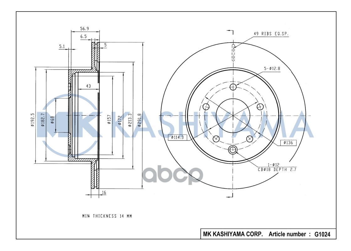 Диск тормозной задний NISSAN QASHQAI/X-TRAIL/RENAULT KOLEOS G1024 MK KASHIYAMA арт. G1024