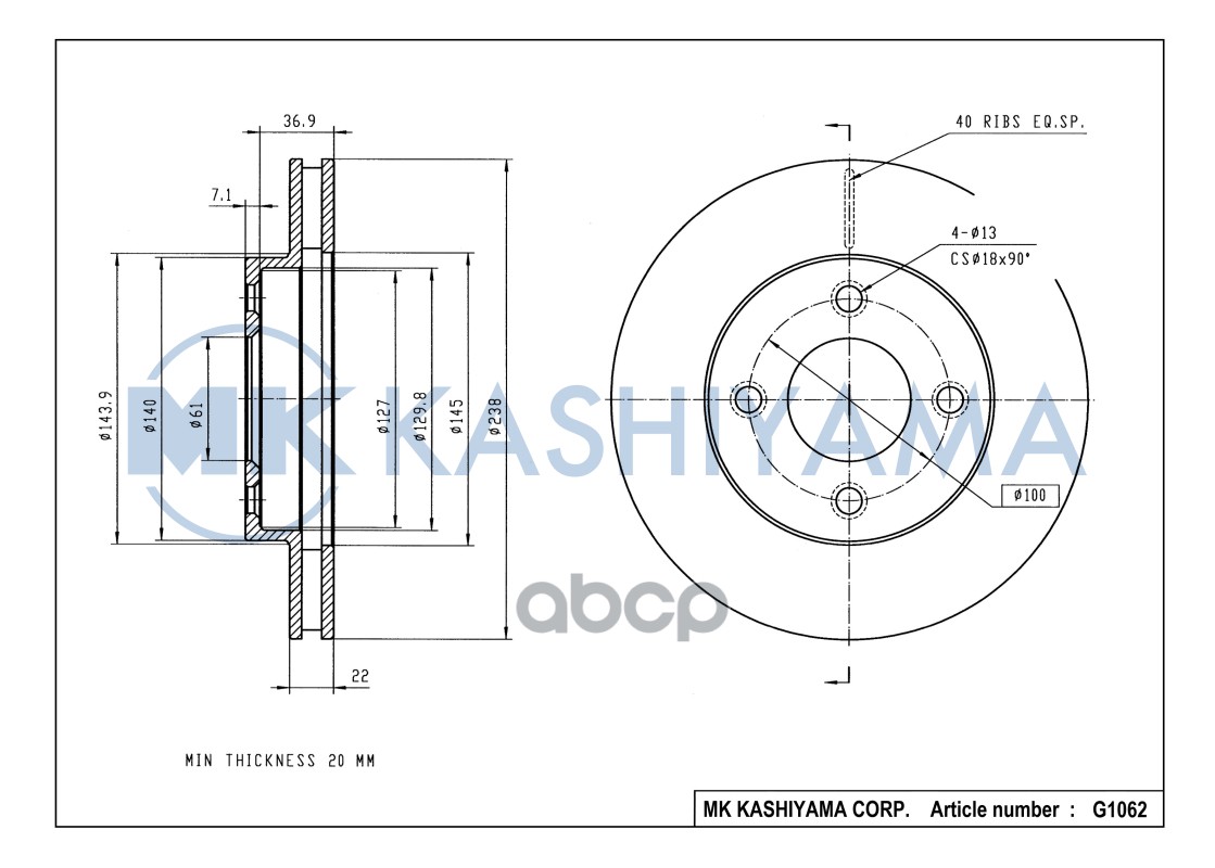 Диск тормозной передний NISSAN MICRA 03-/NOTE 06- G1062 MK KASHIYAMA арт. G1062
