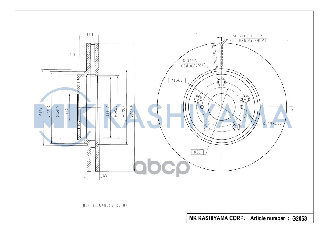 Диск тормозной передний TOYOTA CAMRY (V30) 2.4-3.0, PREVIA (R3) 2.4 G2063 MK KASHIYAMA арт. G2063