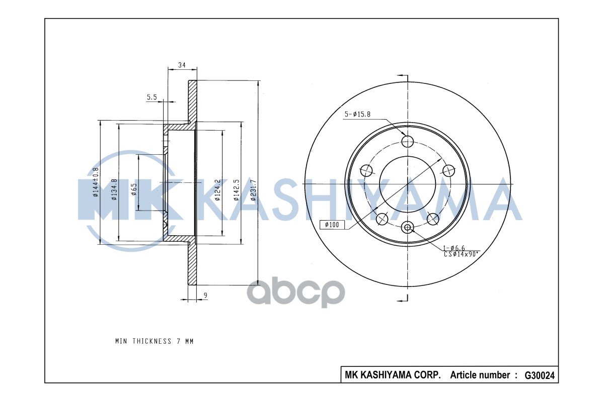 Диск тормозной задний VW POLO седан RUS R15 / AUDI A3 9703/VOLKSWAGEN G4/G5/POLO 02 G30024 MK KASHIYAMA арт. G30024