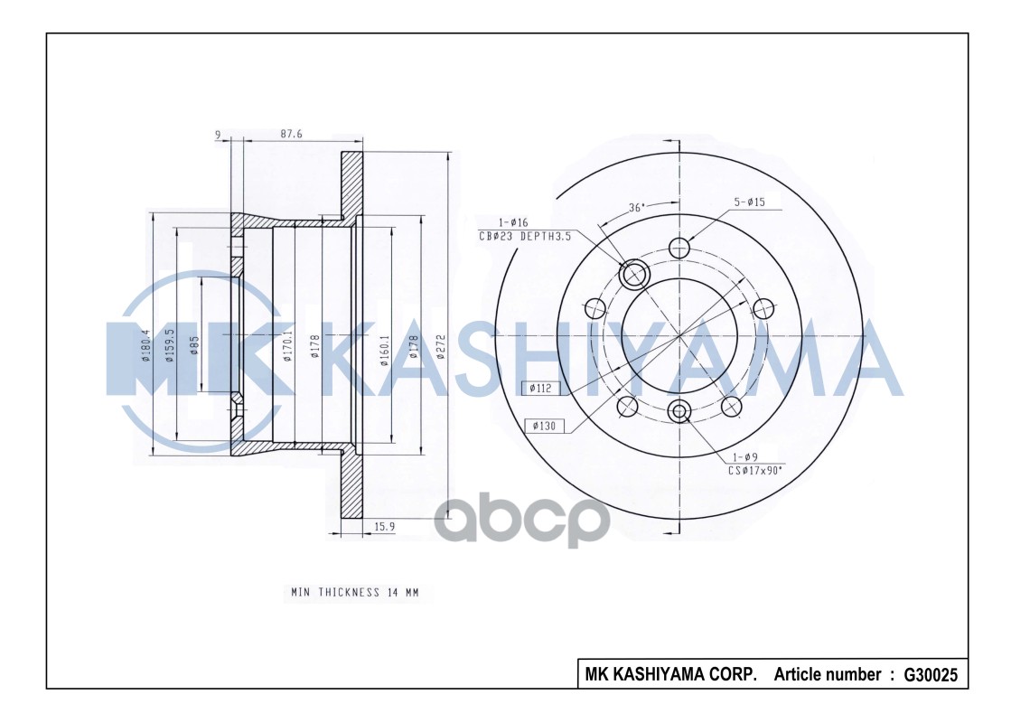 Диск тормозной задний MERCEDES BENZ W463 79-/ SPRINTER Classic W909 (13-) / SPRINTER 95-06/VW LT 96-06 G30025 MK KASHIYAMA ар...