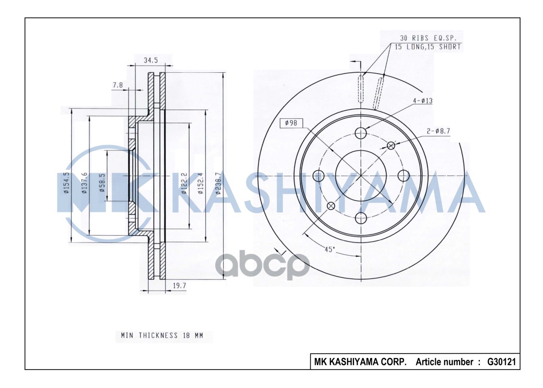 Диск тормозной передний R13 LADA 2170/2190/2110/2111/2112 G30121 MK KASHIYAMA арт. G30121