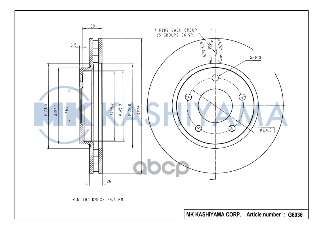 Диск тормозной передний MITSUBISHI LANCER 08-/DODGE CALIBER 06- G6036 MK KASHIYAMA арт. G6036