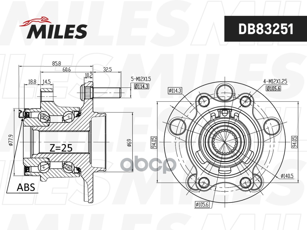 Ступица колеса задняя с подшипником MITSUBISHI ASX/OUTLANDER 4WD 10- (GSP 9325030) DB83251 Miles арт. DB83251