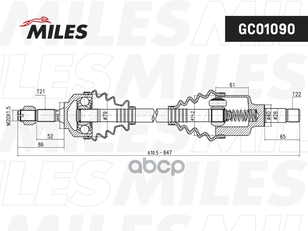 Привод в сборе левый PEUGEOT 206 1.1-1.6 98-08 (GKN 303199) GC01090 Miles арт. GC01090