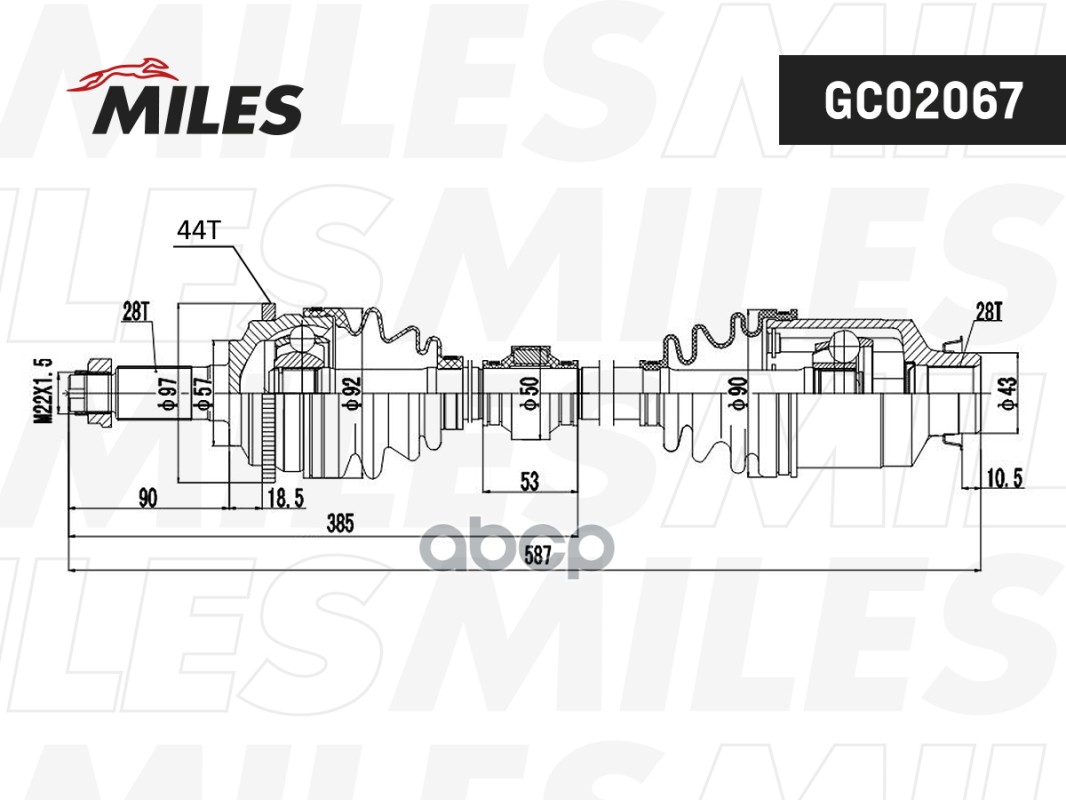 Привод в сборе правый MAZDA 6 2.0D 02- (ABS) (GKN 304312) GC02067 Miles арт. GC02067