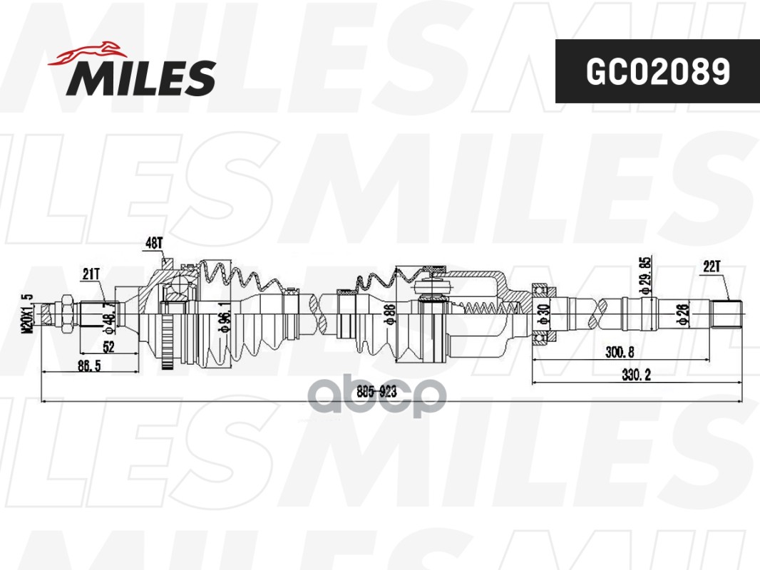 Привод в сборе правый PEUGEOT 206 1.1-1.6 98- (ABS) (GKN 303203) GC02089 Miles арт. GC02089