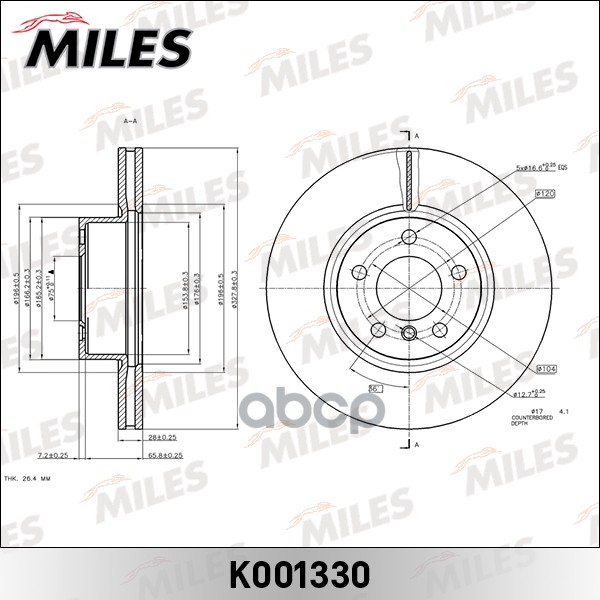 Диск тормозной передний BMW X3 F25 (TRW DF6220S) K001330 Miles арт. K001330