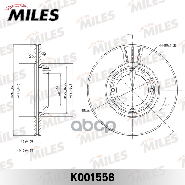 Диск тормозной передний вентилируемый  HYUNDAI ACCENT 1.3/1.5 94-00/PONY 1.3/1.5 85-95  D=242 мм. (I Miles арт. k001558