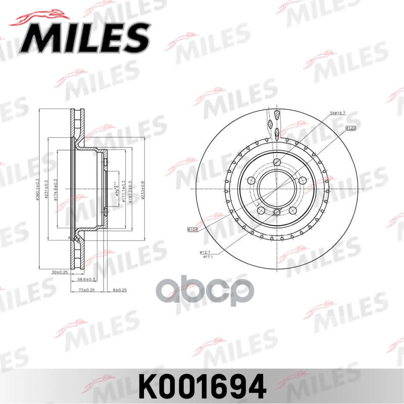 Диск тормозной передний вентилируемый  LAND ROVER RANGE ROVER 3.6-5.0 05- D=360 мм. (ISO 9001). Miles арт. k001694