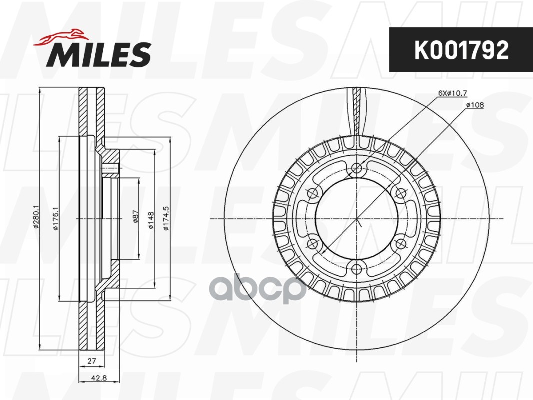 Диск тормозной HYUNDAI TERRACAN 2.5-3.5 01- передний D=280мм. Miles арт. k001792