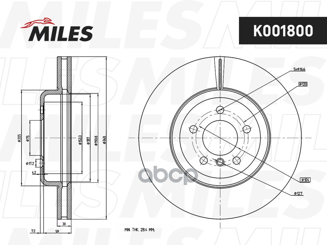 Диск тормозной передний BMW F10 10- K001800 Miles арт. K001800