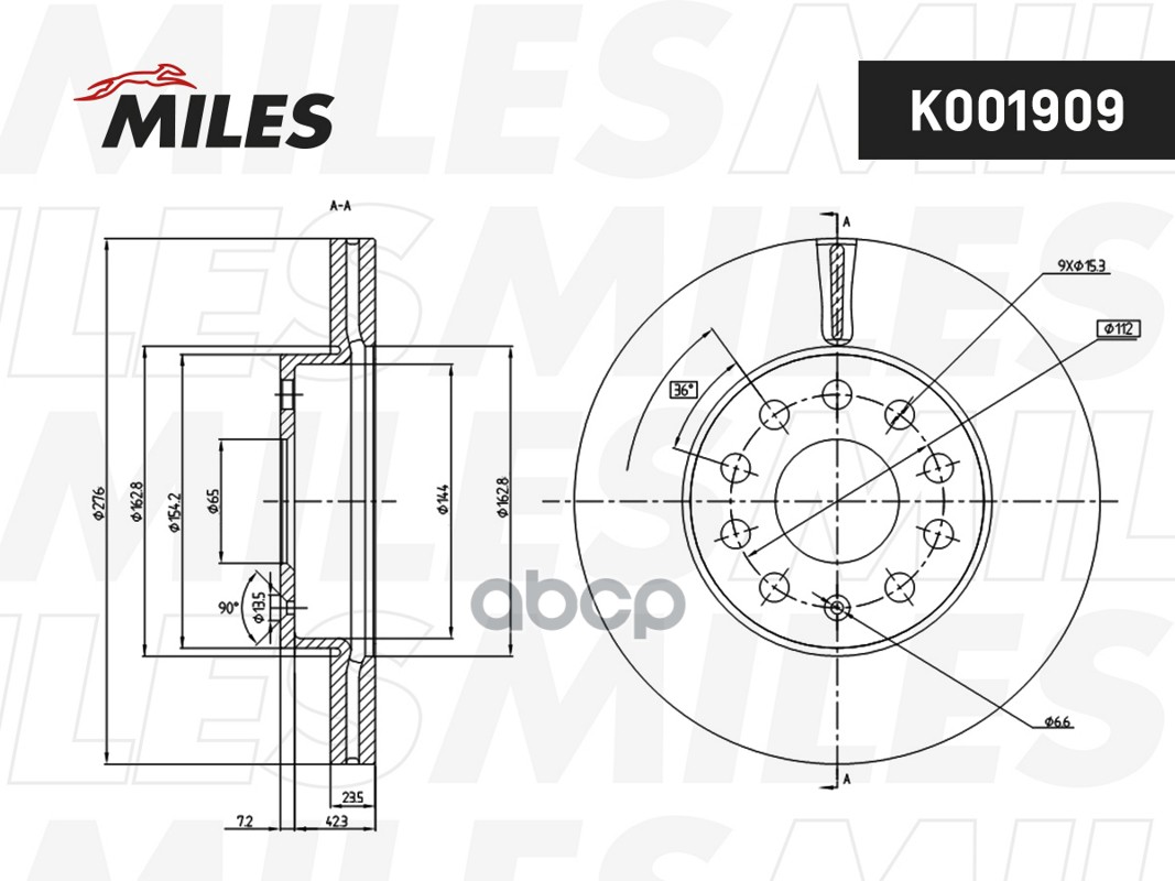 Диск тормозной AUDI A3/SKODA OCTAVIA/VW GOLF 12- передний вент.D 276мм. K001909 Miles арт. K001909