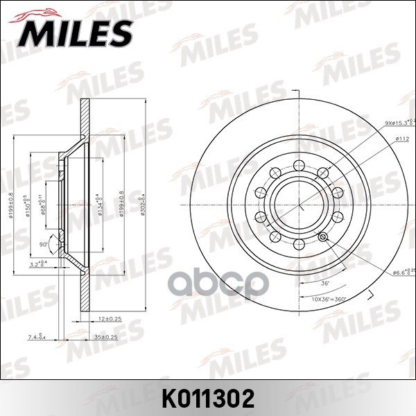 Диск тормозной задний  AUDI A6 ALLROAD 2.7-4.2 06-   D=303x12 мм. (ISO 9001). Miles арт. k011302