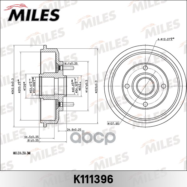Барабан тормозной FORD FOCUS 98-04 (TRW DB4275) K111396 Miles арт. K111396