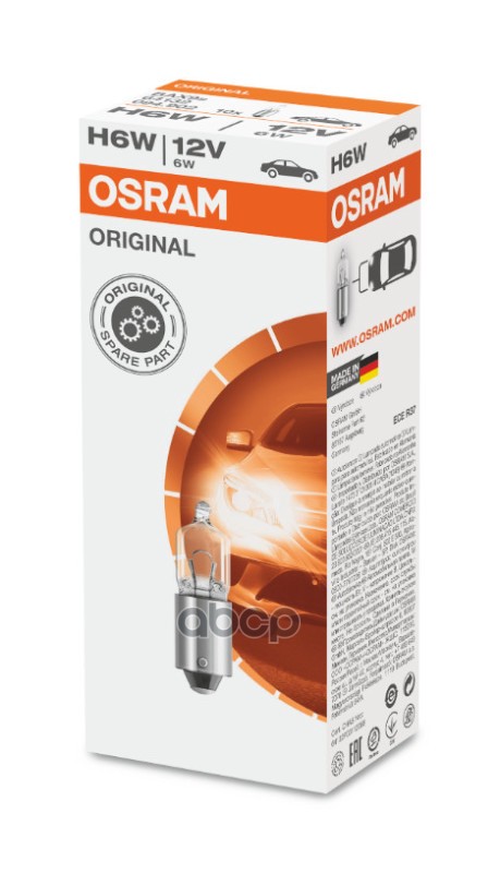 Лампа галогеновая сигнальная H6W BAX9s Original 12V 6W Картон 10шт цена за 1шт Osram арт. 64132