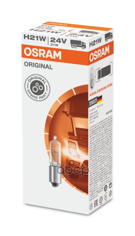 Лампа 24V H21W 21W 600lm BAY9s OSRAM METAL BASE 1 шт. картон 64138 Osram арт. 64138