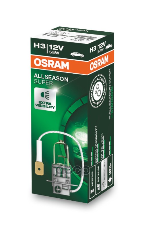 Лампа галогенная All Season Super H3 12V 55W РК22s 3000K 64151ALS Osram арт. 64151ALS