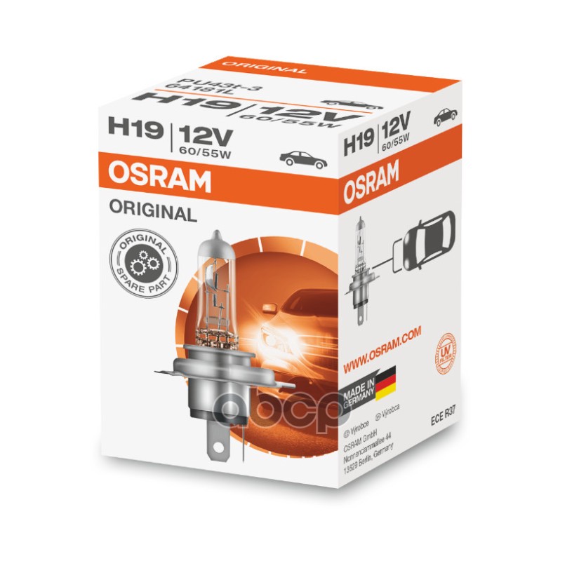 Лампа галогеновая головного света H19 PU43T-3 Original 12V 60/55W Картон 1шт Osram арт. 64181L