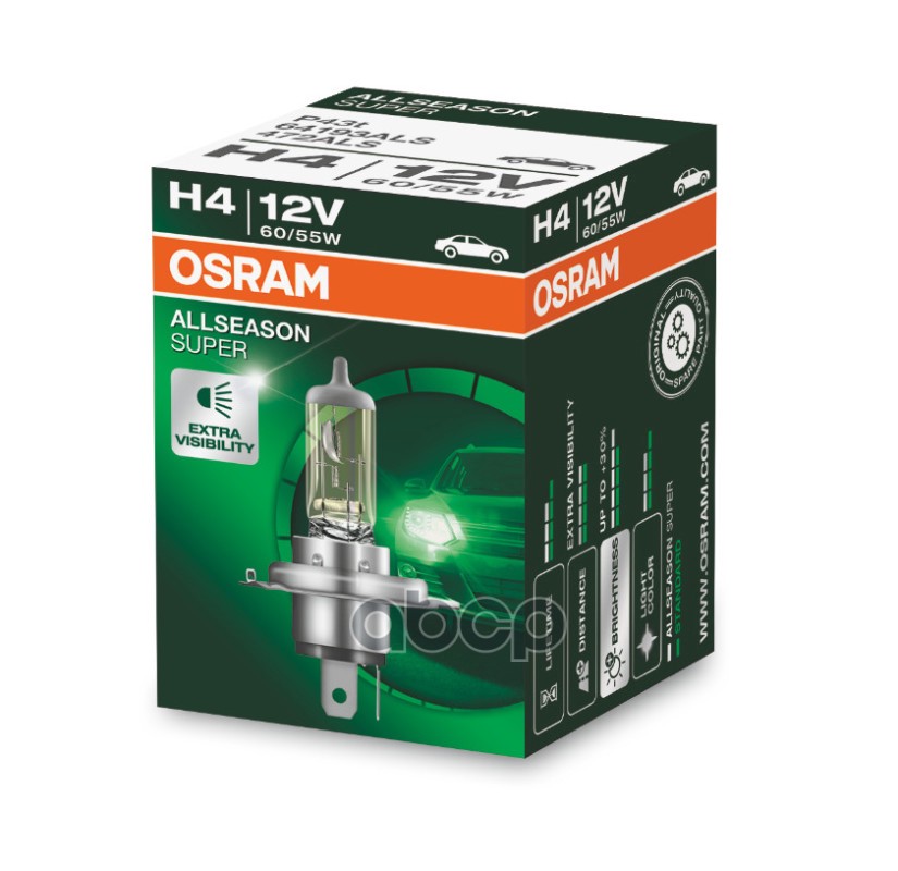 Лампа галогеновая головного света H4 P43t 3000K All Season 12V 60/55W Картон 1шт Osram арт. 64193ALS