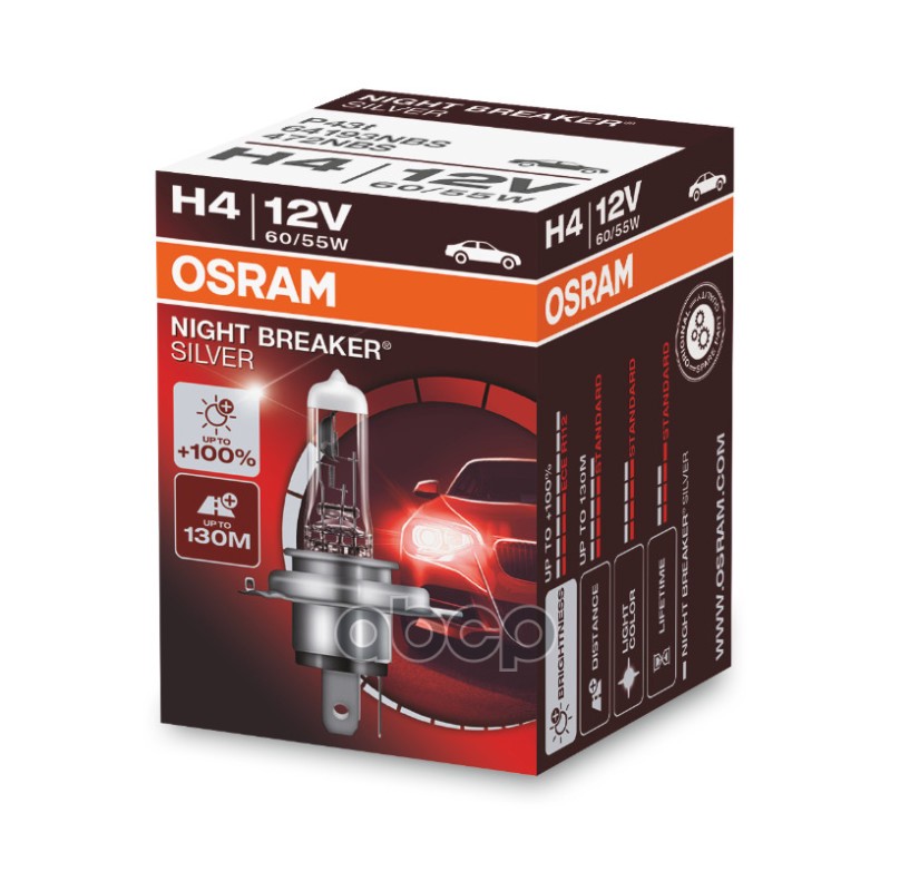 Лампа галогеновая головного света H4 P43t 12V 60/55W Night Breaker Silver 1шт Osram арт. 64193NBS