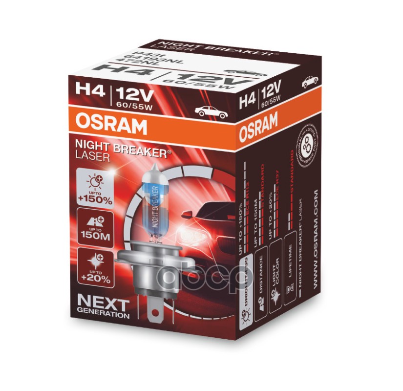 Лампа галогеновая головного света H4 P43t 3400K Night Breaker Laser 12V 60/55W картон 1шт Osram арт. 64193NL