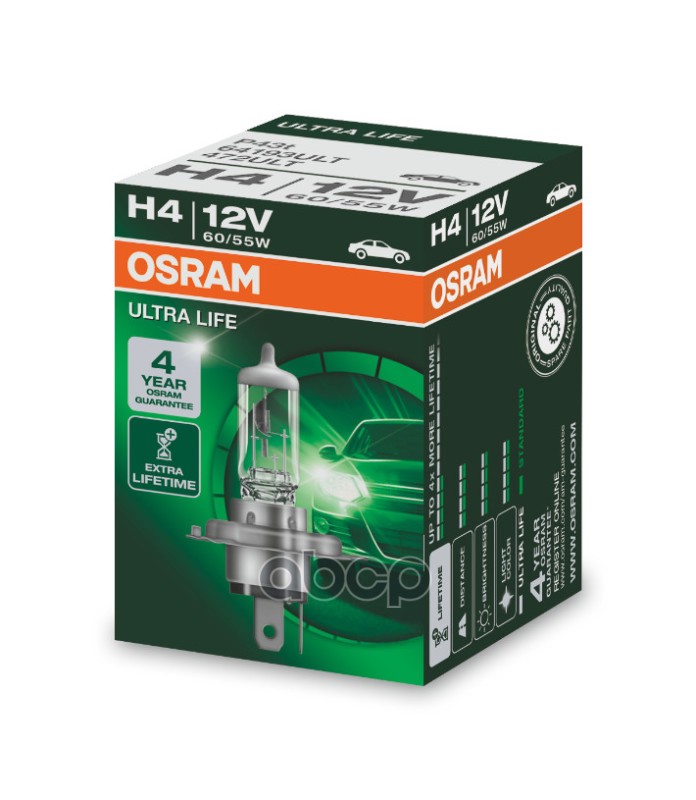 Лампа галогеновая головного света H4 P43t Ultra Life 12V 60/55W Картон 1шт Osram арт. 64193ULT
