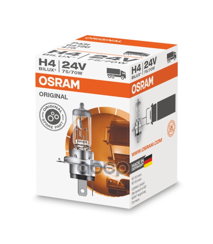 Лампа галогеновая головного света H4 P43t Original 24V 75/70W Картон 1шт Osram арт. 64196