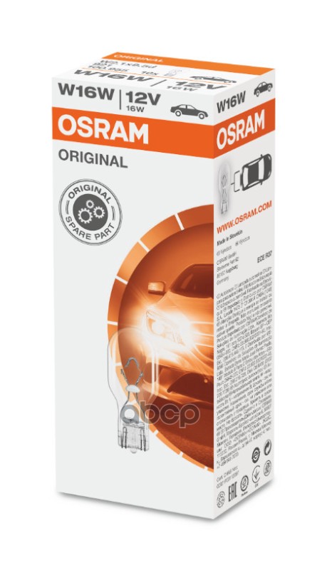 Лампа W16W (16W) W2,1x9,5d стеклянный цоколь 12V 921 4008321100948 Osram арт. 921