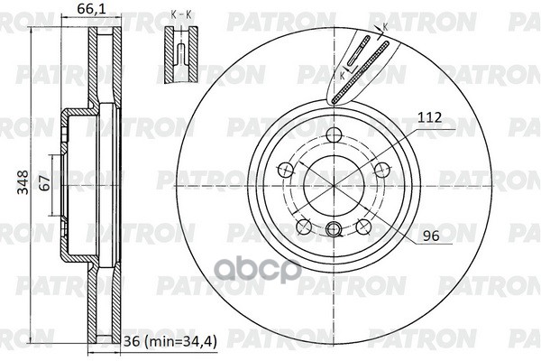 Диск тормозной пер. лев. BMW 3/4/5/6/7/8/X3/X5/X6/X7-series 17- (M-sport, d  348 mm) PBD1136 PATRON арт. PBD1136