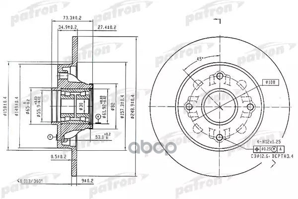 Диск тормозной задн c подшипником и магнитным кольцом сенсора ABS (1 шт.) PBD7014 PATRON арт. PBD7014