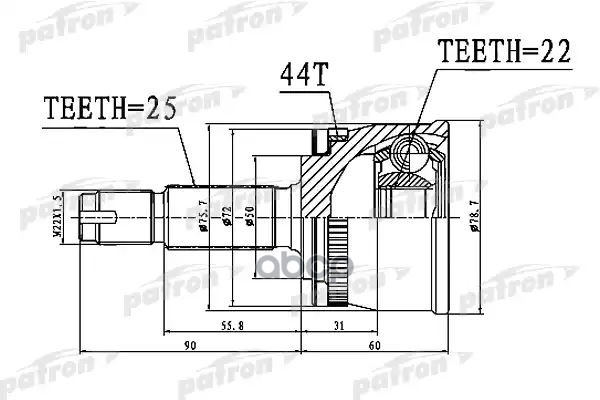 Шрус Наружный С Кольцом Abs 22X50x25 Abs:44t Kia Cerato I 04-09, Spectra 04-09 PATRON арт. PCV1111