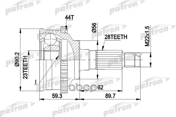 Шрус Наружн К-Кт 28X56x23 Abs:44t Mazda: 626 Iv 91 - 97, 626 Iv Hatchback 91 - 97 PATRON арт. PCV1335