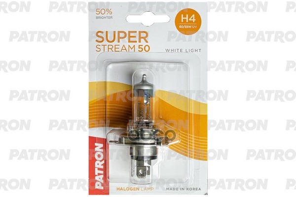 Лампа галогенная блистер 1шт H4 12V 60/55W 3400K P43t-38 Super Stream 50 (+50% яркости, стандартный свет, +20м светового пото...