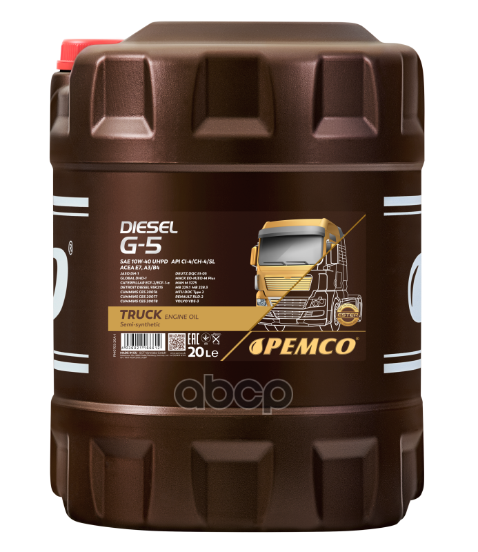 PEMCO PM070520 Масло моторное 20 л PEMCO DIESEL G-5 UHPD 10W-40 10W-40  MB 22832291   M3275-1  VDS 3  RVI RLD, RLD-2  Mack EO...