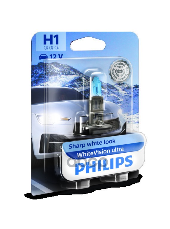 Лампа галогеновая головного света H1 P14.5s 4200K White Vision Ultra 12V 55W Блистер 1 шт Philips арт. 12258WVUB1