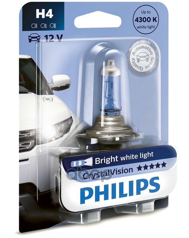 Лампа галогеновая головного света H4 P43t 3350K Crystal Vision 12V 60/55W Блистер 1 шт Philips арт. 12342CVB1
