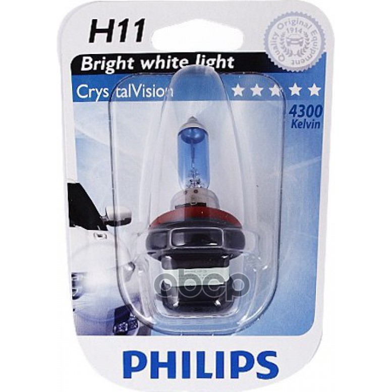 Лампа галогеновая головного света H11 PGJ19-2 4300K Crystal Vision 12V 55W Блистер 1 шт Philips арт. 12362CVB1