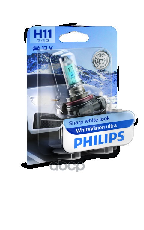 Лампа галогеновая головного света H11 PGJ19-2 4200K White Vision Ultra 12V 55W Блистер 1 шт Philips арт. 12362WVUB1