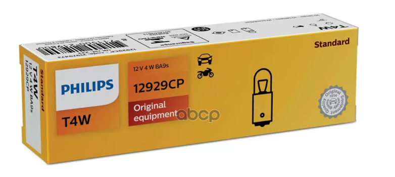 Лампа накаливания сигнальная T4W BA9s Vision 12V 4W Картон 10 шт (цена за штуку) Philips арт. 12929CP