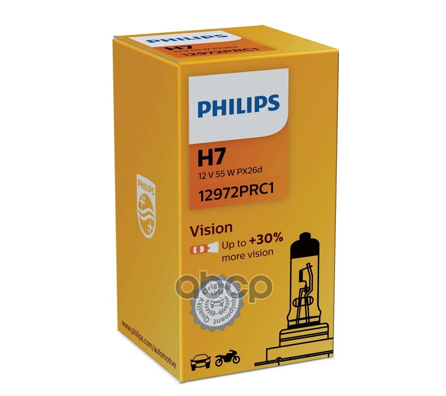 Лампа галогеновая головного света H7 PX26d 3200K Vision 12V 55W Картон 1 шт Philips арт. 12972PRC1