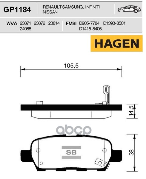 Колодки торм.дисковые HAGEN Nissan Qashqai  X-trail  Murano  Tiida  Renault Koleos (08-) R Sangsin brake арт. gp1184