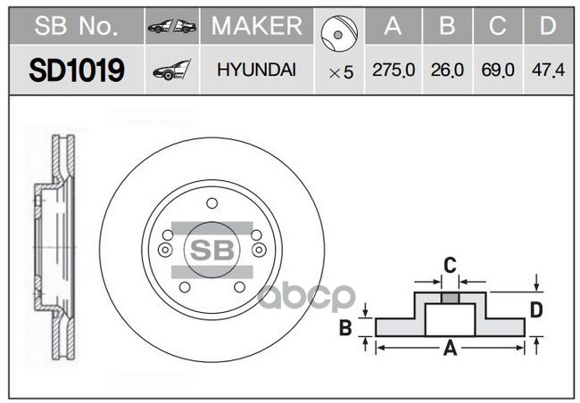 Диск тормозной HYUNDAI ELANTRA 1.6 06- передний вент.D 275мм. SD1019 Sangsin brake арт. SD1019