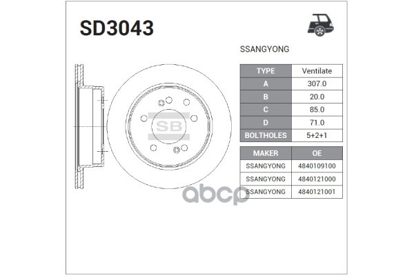 Диск тормозной задний SSANG YONG Kyron/Rexton/Rodius /Vent D=307mm SANGSIN BRAKE SD3043 Sangsin brake арт. SD3043