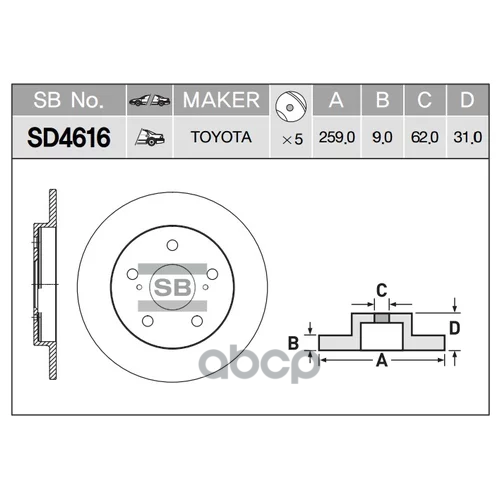 Диск тормозной Toyota Auris 1.4/1.6 Ti 07 SD4616 Sangsin brake арт. SD4616