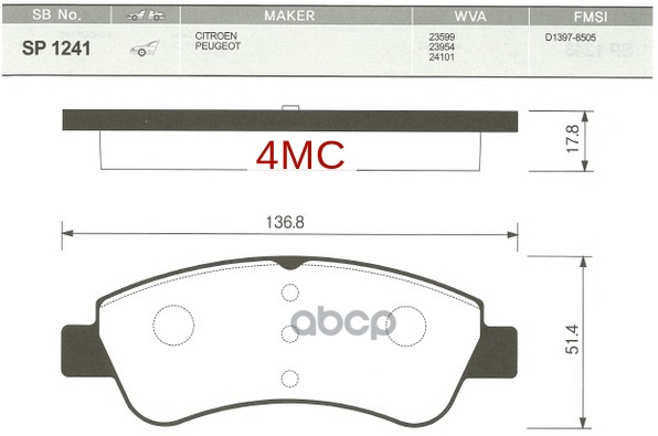 Колодки тормозные CITROEN C4 03-/PEUGEOT 307/PARTNER 1.4/1.6 -ESP передние SP1241 Sangsin brake арт. SP1241