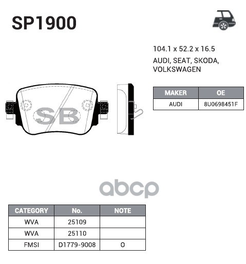 Колодки торм.дисковые Hi-Q AUDI A1 (8X1) 14- (D1779) R Sangsin brake арт. sp1900