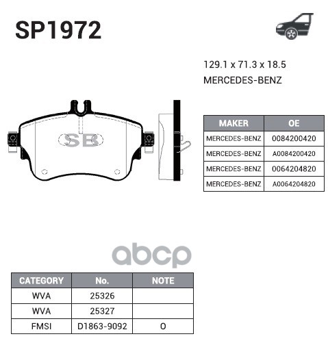 Колодки передние MERCEDES A W176, B W246 SP1972 Sangsin brake арт. SP1972