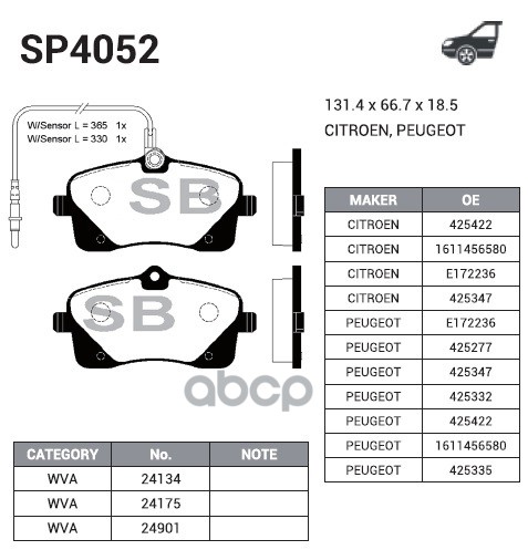 Колодки передние PEUGEOT 407 SP4052 Sangsin brake арт. SP4052